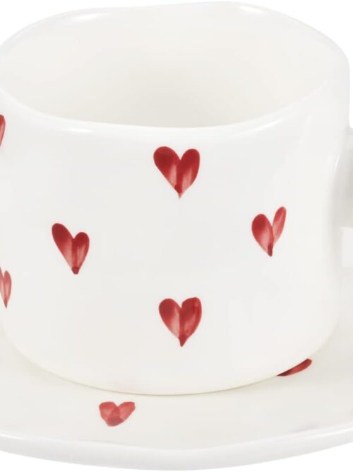 Heart Ceramic Coffee Mug, Creative Cute Round Handle Cup with Saucer
