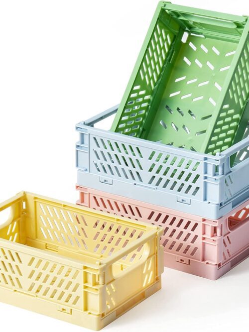 Mini Baskets Plastic for Shelf Home Kitchen Storage Bin Organizer,Stacking Folding Storage Baskets for Classroom Bedroom Bathroom Office 4-Pack